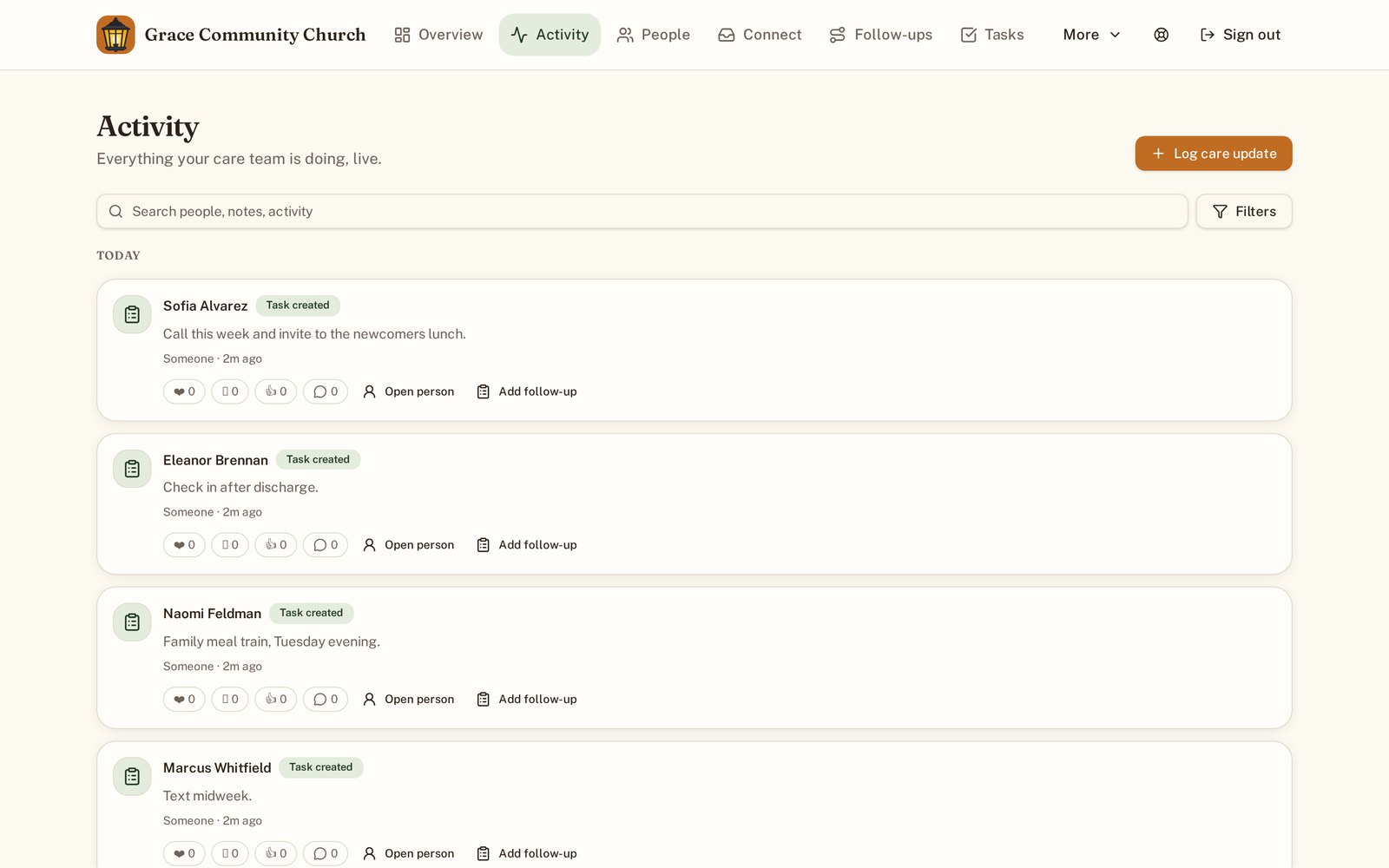 Porchlight activity feed showing care notes, tasks, and milestones logged by the care team