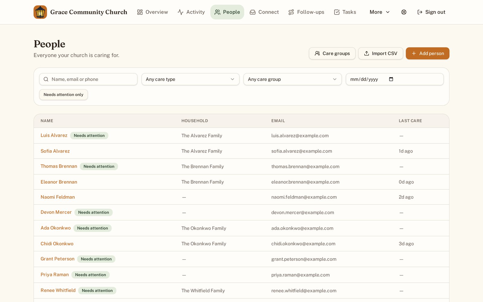 Porchlight people directory listing households, emails, and when each person was last cared for
