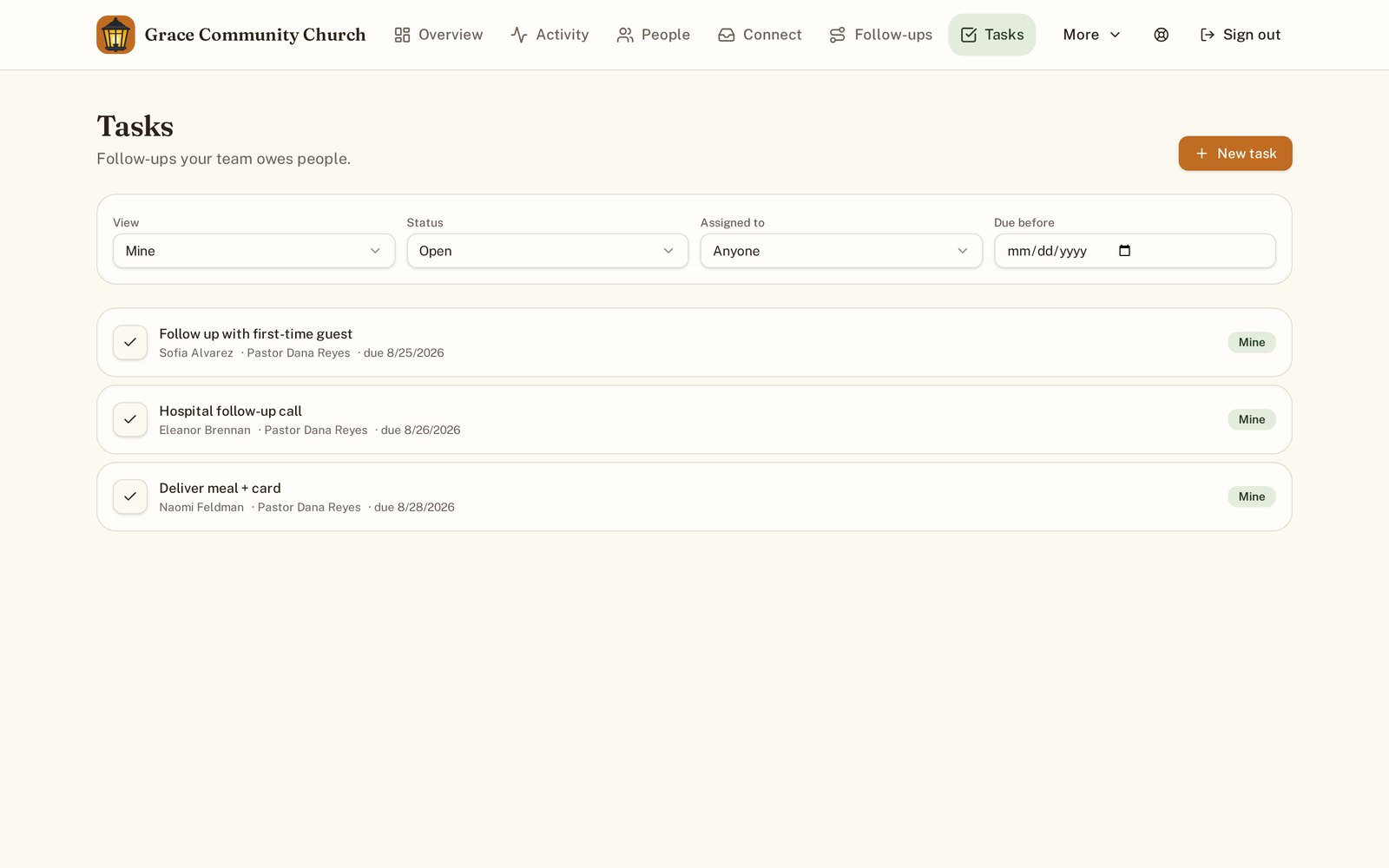 Porchlight tasks list showing open follow-ups assigned to a pastor with due dates